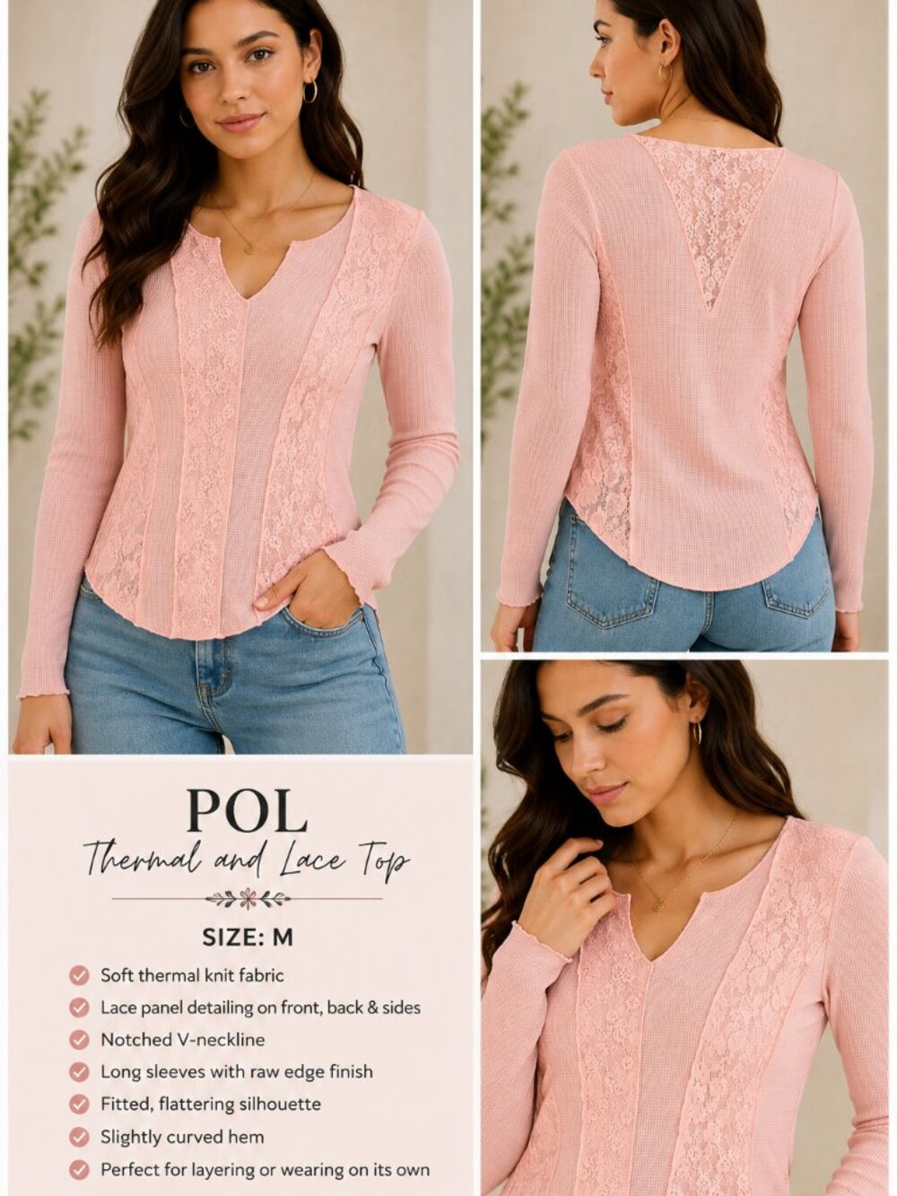 🤍 POL Thermal & Lace Long Sleeve Top | Size M | Boho Romantic